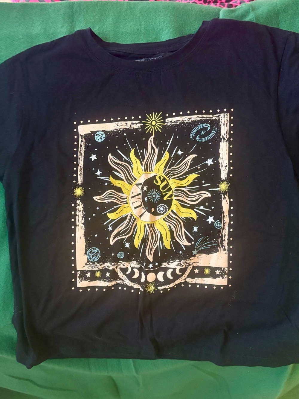 Celestial Sun & Moon Graphic Tee - Black with Yellow Accents